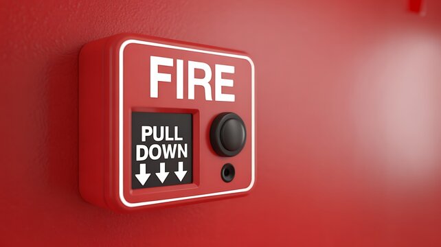 Bright red fire alarm pull station mounted on a wall with emergency instructions