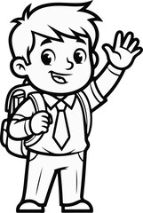 Obraz premium Happy young boy in school uniform and backpack waves enthusiastically