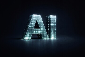 AI word in glowing cubic glass letters on deep navy background with copy space for headline. Premium high-tech concept for artificial intelligence, SaaS branding and digital innovation.