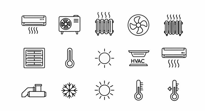 Climate control icons including air conditioners, heaters, thermometers, sun, and snowflake