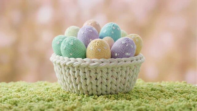 Basket of colorful knitted Easter eggs on green textured surface with a sparkling bokeh background, a cute holiday decoration.
