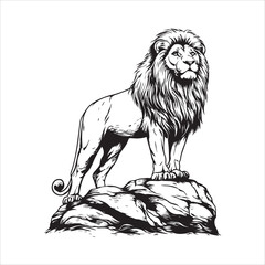 Obraz premium Black and white silhouette of a roaring lion standing on a rock. 