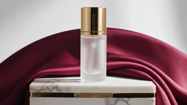 Elegant cosmetic spray bottle on marble block with satin fabric. Beauty product.