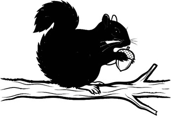 A black squirrel sits on a branch, holding an acorn in its paws © Yuyu