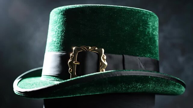 Green velvet top hat with golden buckle on dark background