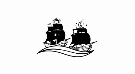 Stylized black and white illustration of two sailing ships on wavy water under sun and moon