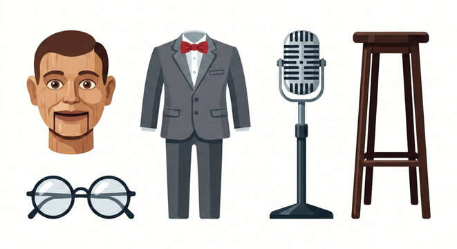 Ventriloquist Dummy, Retro Microphone, and Comedian's Attire for Stage Performance and Entertainment