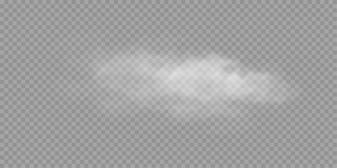 Clouds of white smoke or steam with realistic texture on transparent background. Vector smoke to simulate fog, cold breath, magic effect or explosion. © A_stock