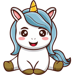 Naklejka premium Adorable cartoon illustration of a cute baby unicorn with blue hair and a yellow horn, sitting and smiling