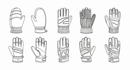 Obraz premium Various styles of handwear, including mittens and gloves, illustrated as line drawings