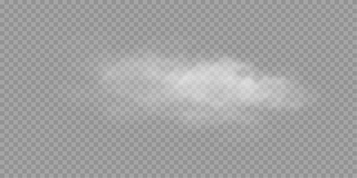 Clouds of white smoke or steam with realistic texture on transparent background. Vector smoke to simulate fog, cold breath, magic effect or explosion.