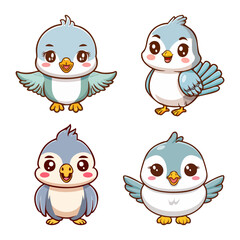 Fototapeta premium Adorable collection of happy blue bird cartoon characters with charming expressions and cheerful poses, perfect for children's designs and playful graphics