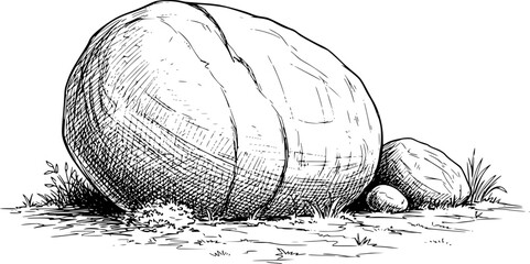 Hand Drawn of Large Boulder and Smaller Rocks with Grass White Background stone nature © Milon