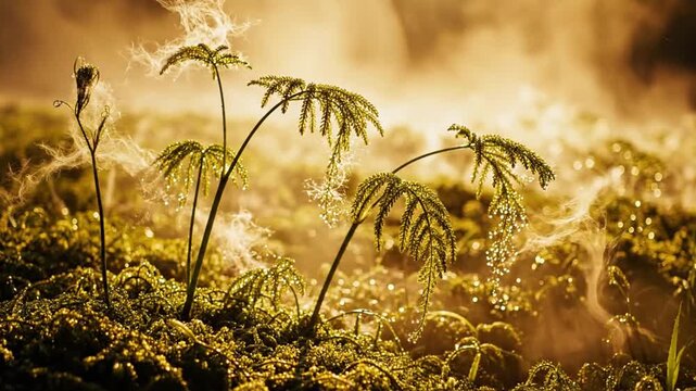 Whimsical fern sprigs glistening in golden morning light over dewy moss
