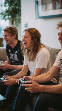 Enjoy a fun-filled gaming session as friends gather to play video games, sharing laughter and excitement in a cozy living room environment together.