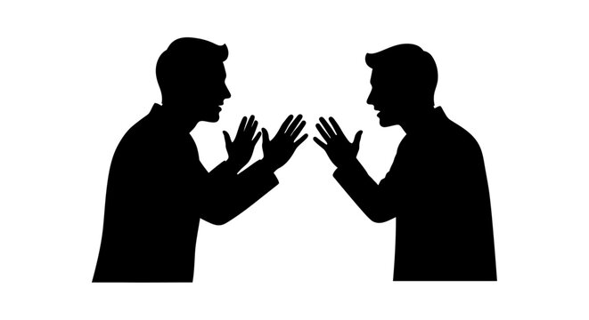Silent Dialogue: Two individuals, captured as dark silhouettes, engage in a vibrant exchange, their hands articulating a wordless yet powerful conversation of ideas and emotions.