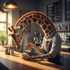 Giraffe barista serving coffee, cafe interior with espresso machine