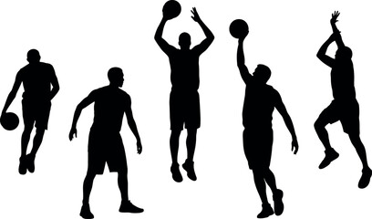 Collection of five diverse basketball players in silhouette performing various actions isolated on transparent background © mstMazeda