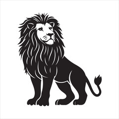 Obraz premium Black and white silhouette of a roaring lion standing on a rock. 
