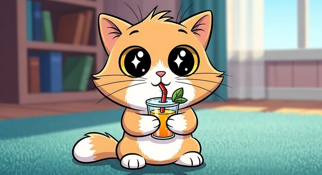Cute cartoon cat with orange drink.