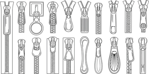 Fashion technical sketch of various metal zipper pullers and sliders set for garment hardware design cad drawing flat vector illustration © Belal
