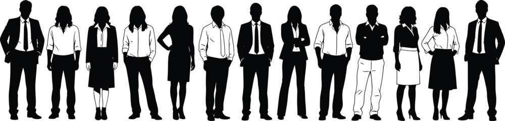 Row of Diverse Business Professionals Silhouettes Standing in Formal Attire Isolated on White Background Representing Corporate Teamwork and Leadership