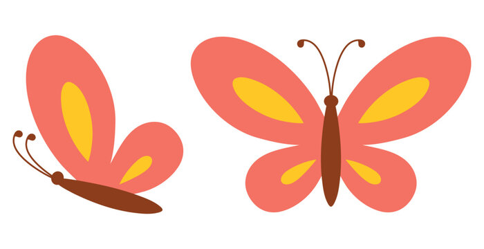 Cute illustrations of vibrant butterflies with a red and yellow wings and brown body in two different poses. Flat vector illustrations isolated on a white background.