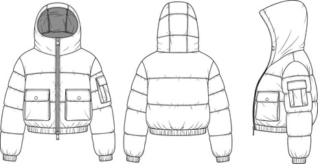 Technical sketch of women's cropped puffer jacket with hood front back and side views utility pockets cad drawing flat vector illustration © Belal