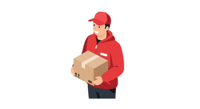 delivery man holding a cardboard box in red uniform hand drawn illustration