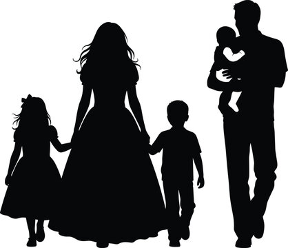 Black vector silhouettes of a happy family with father holding a baby and mother walking with two children holding hands.