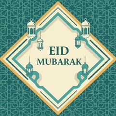 Eid mubarak greeting card illustration with islamic lanterns and geometric pattern background