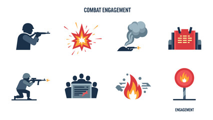 Obraz premium combat engagement icon set with soldiers firing weapons explosion fire and military target symbols in flat style