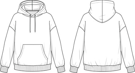 White oversized hooded sweatshirt cad drawing flat vector illustration, long sleeve raglan hoodie template with front pocket and drawstrings, fashion sketch © Belal