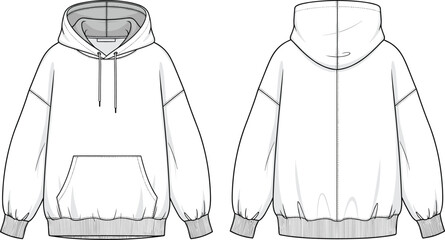 White oversized hooded sweatshirt cad drawing flat vector illustration, long sleeve raglan hoodie template with front pocket and drawstrings, fashion sketch © Belal