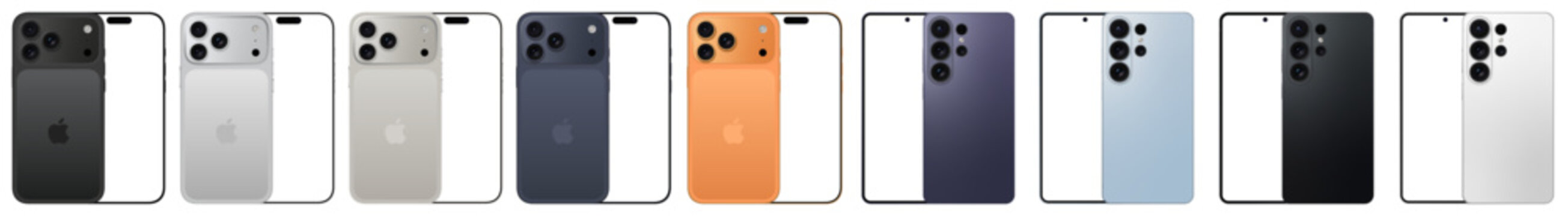 iPhone 17 Pro Max & Samsung Galaxy S26 Ultra - Smartphone screen mockup front and back view. Phone mockup with transparent screen. Vector EPS 10