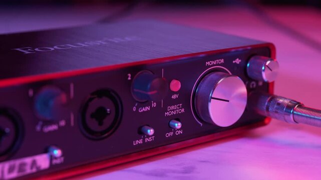Close up of Hand Adjusting Volume Knob on Audio Interface