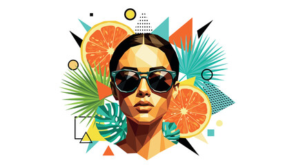 Fototapeta premium woman wearing sunglasses with tropical fruit and geometric background in modern low poly style