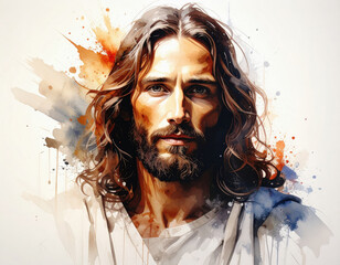  retrato en acuarela de Jesucristo que captura una expresión serena y compasiva. Pinceladas ricas y salpicaduras de color evocan fe, espiritualidad, contemplación y arte religioso 