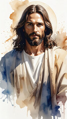 Retrato de Jesucristo en estilo acuarela con halo, ilustración religiosa espiritual