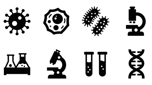 set of black and white laboratory science icons with virus cell bacteria microscope and dna strand in simple flat style