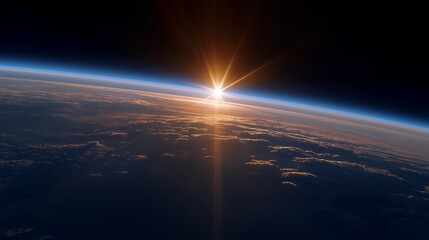 Fototapeta premium Orbital sunrise with golden light breaking over Earth horizon as seen from space station window, ideal for space exploration, orbital perspective, Earth beauty, astronaut view, space photography