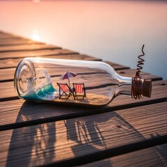 Miniature beach scene in a glass bottle on wooden dock at sunset