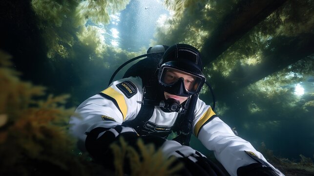 Underwater hull cleaning diver scrubbing barnacles and algae from a large cargo ship bottom in a port, ideal for marine cleaning service, ship hull maintenance, underwater sanitation, professional