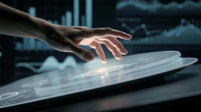 Medium shot of a hand hovering over a futuristic touch panel controlling rollback features with outoffocus digital graphs symbolizing restored data states.