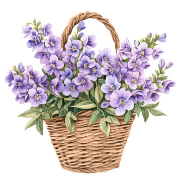Angelonia Bouquet In A Basket, watercolor artwork with bold brush accents and dynamic composition, isolated on a white background.