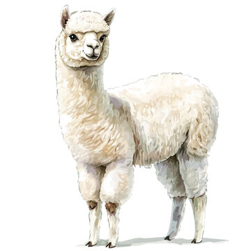 Alpaca, watercolor painting capturing graceful lines and soft blended shades, isolated on a white background.