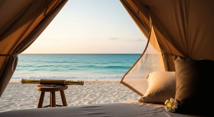 Luxury Glamping Tent View: Telescope on Beach, Tropical Ocean Sunrise