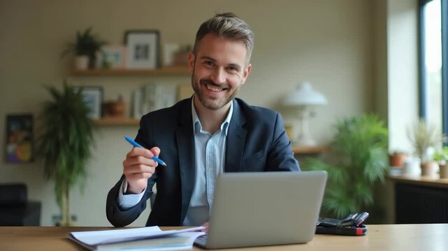 Confident businessman in suit working at desk with laptop, taking notes in notebook. Modern office interior, daylight, productivity and focus, remote work or corporate environment.