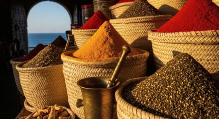 Spice market baskets with colorful powders and ocean view