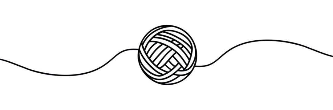 a vector art style. The composition should feature a perfectly round ball of yarn, intricately rendered with fine, parallel lines 